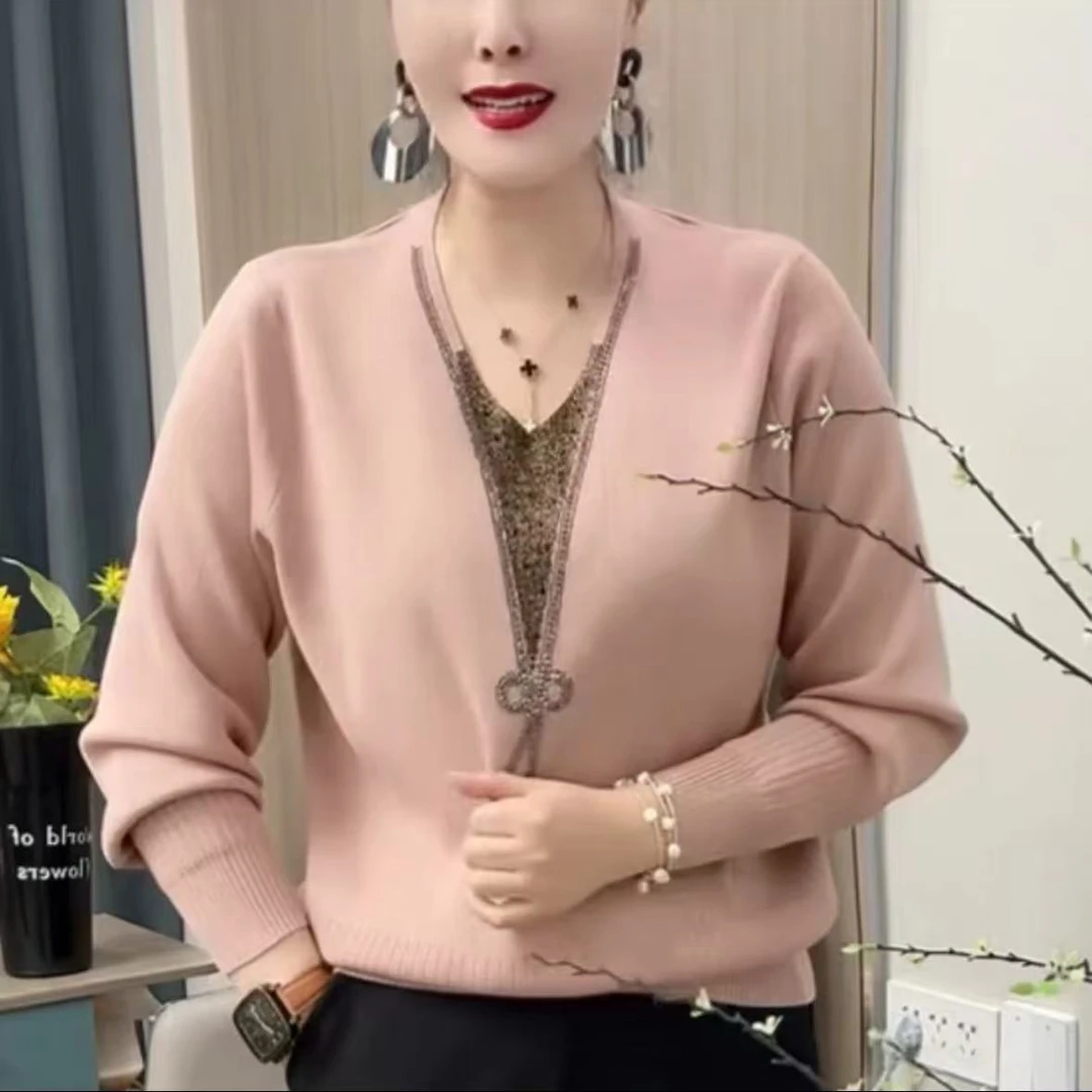 气质减龄烫钻V领针织衫妈妈装洋气时尚毛衣宽松显瘦打底上衣小衫