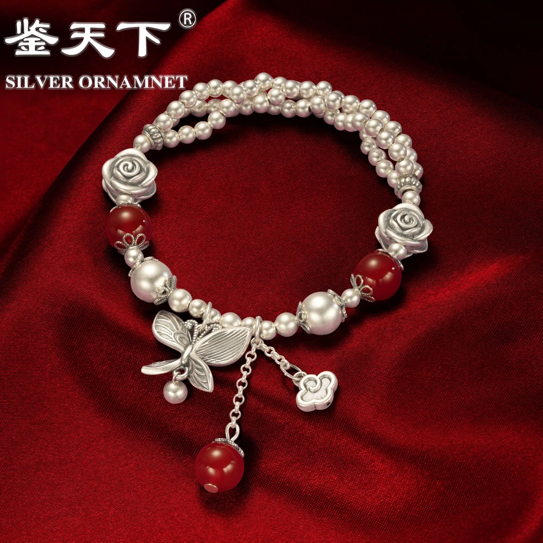 925银手链 【鉴天下】复古三生三世玫瑰花蝴蝶流苏手链06500138气质