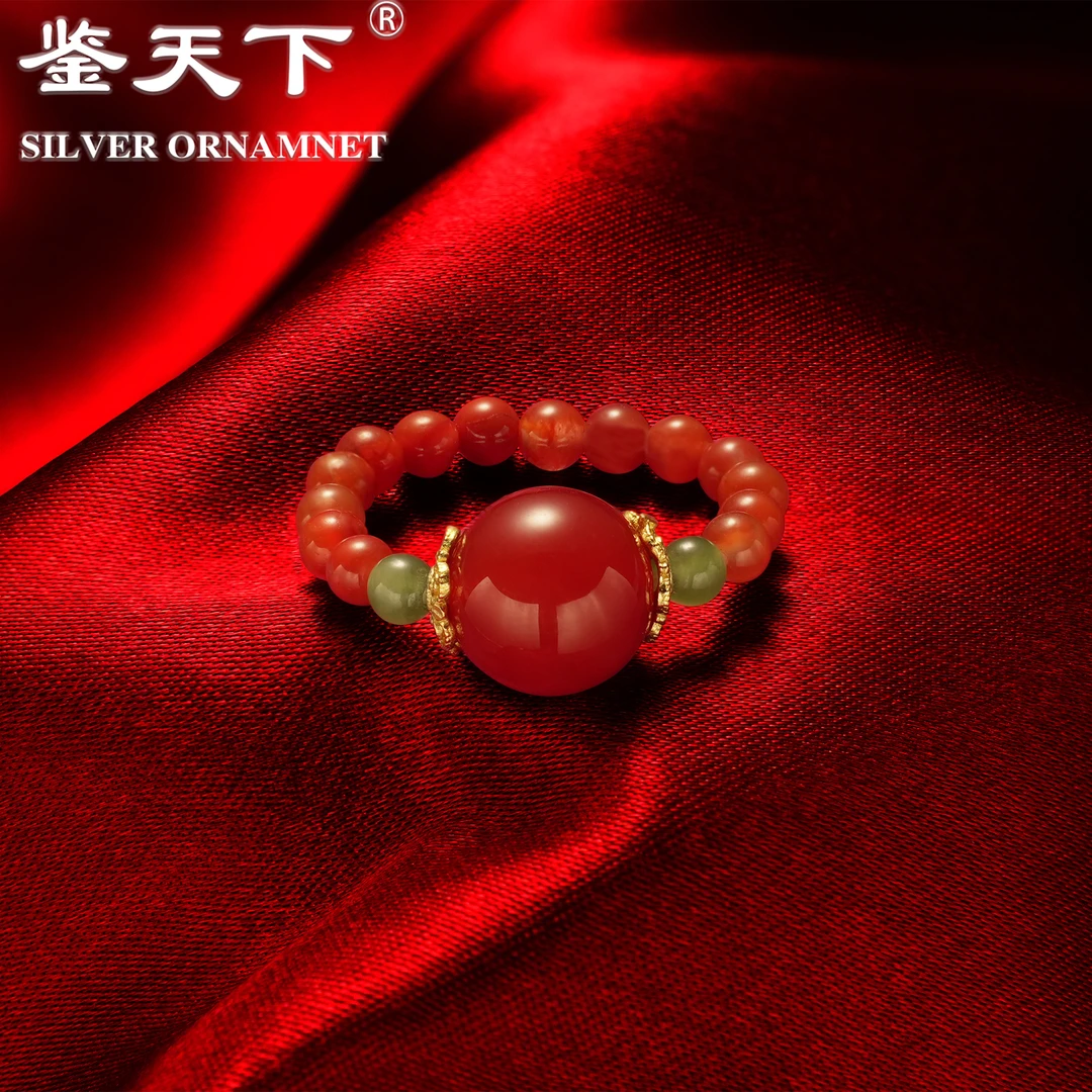 925银戒指 【鉴天下】圆球花朵红绿珠子戒指08100081百搭时尚轻奢