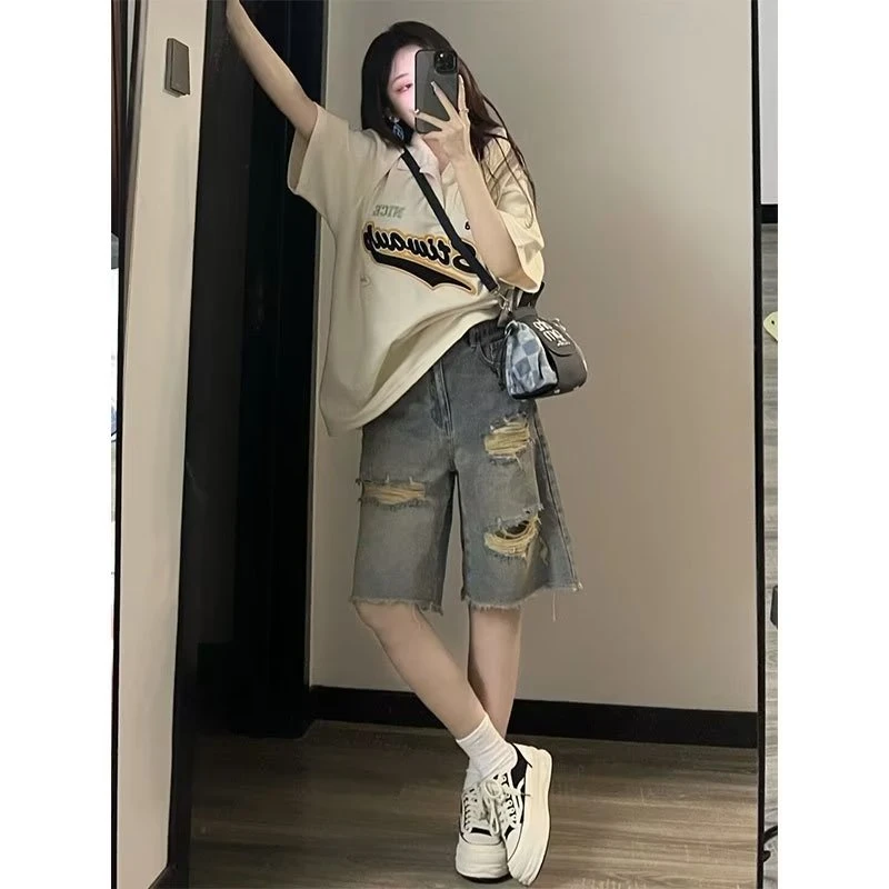 复古破洞五分牛仔短裤男女情侣夏季ins新款宽松高街设计感阔腿裤