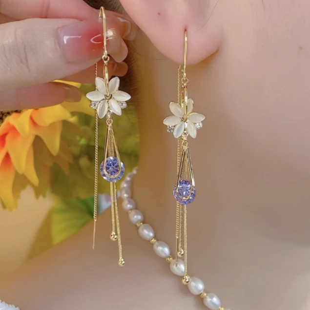 铜合金合成锆石耳饰铜合金耳饰百搭超仙流苏精致紫色耳线142