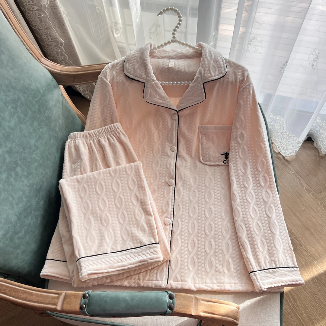 秋冬季加绒加厚2024年新款双面海岛绒睡衣女两件套装可外穿家居服