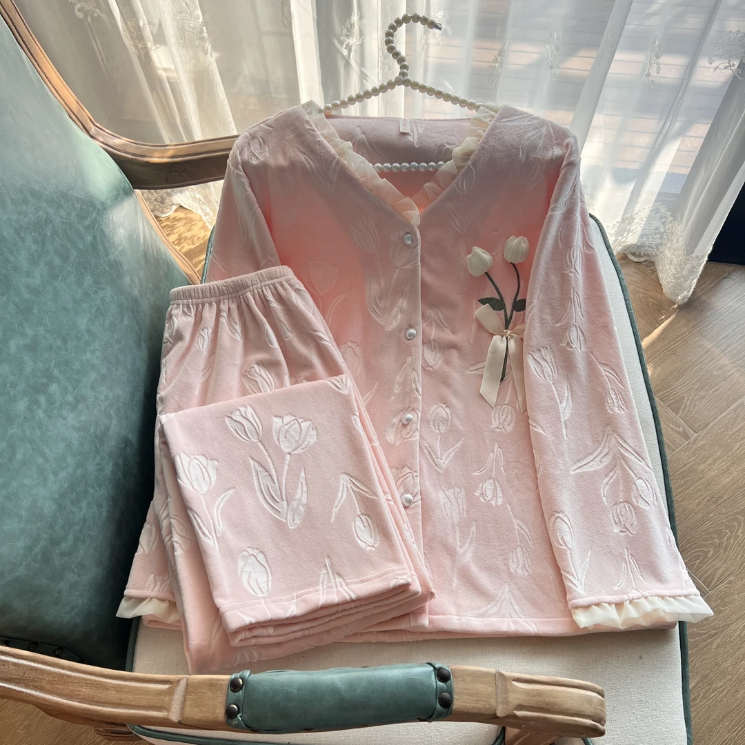 新中式国风秋冬双面海岛绒睡衣女套装加绒2024年新款可外穿家居服