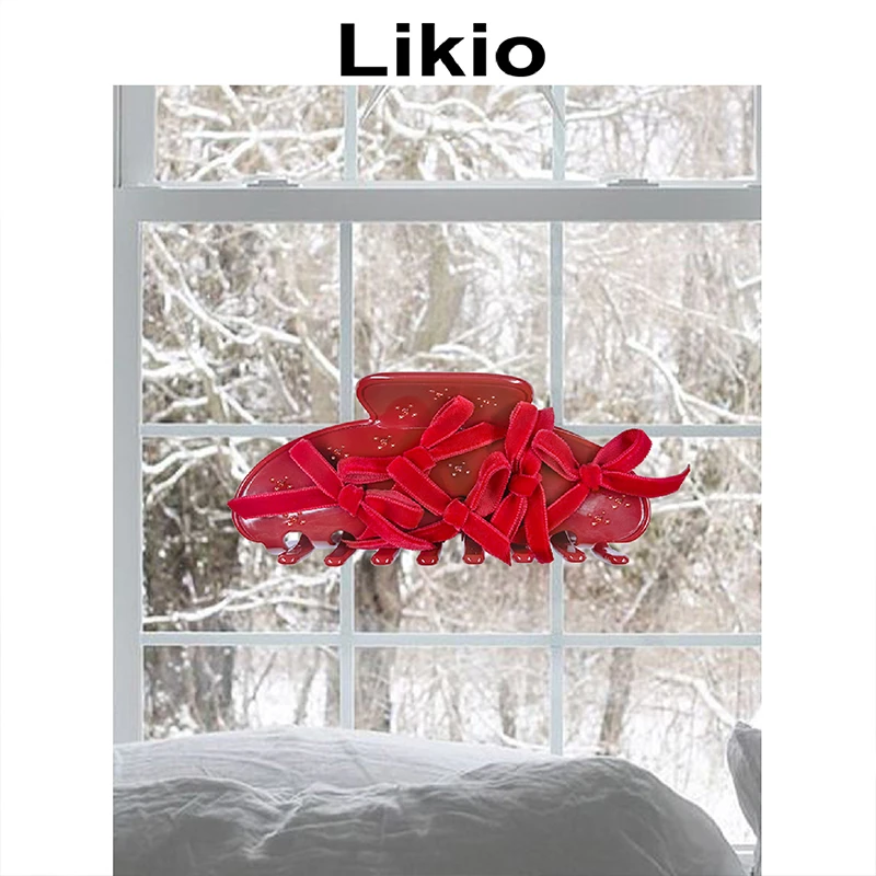 Likio 原创设计火焰丝绒蝴蝶结花束发抓 抓夹鲨鱼夹顶复古红色