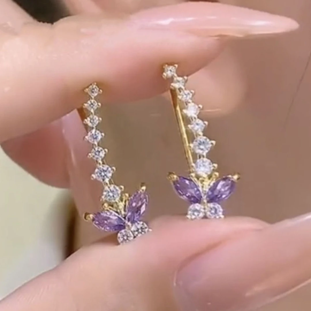 超仙紫色镶钻蝴蝶耳排耳环女小众设计精致百搭耳钉高级感个性耳饰
