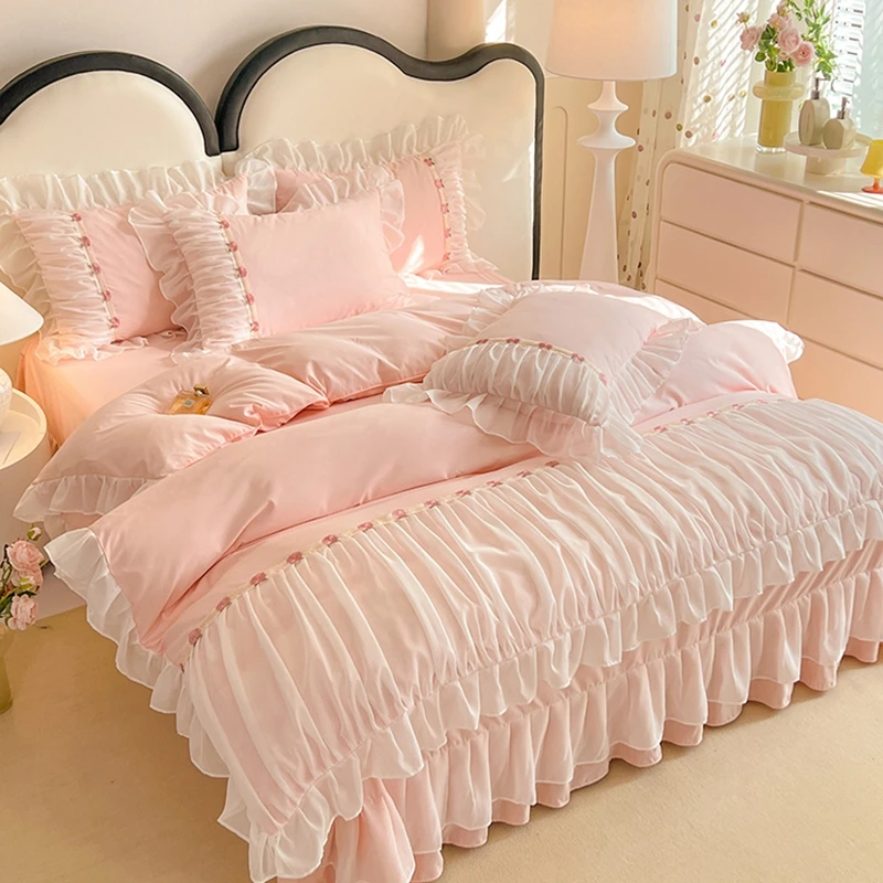 法式水洗四件套韩版蕾丝公主花边被套少女心床单床上用品三件套