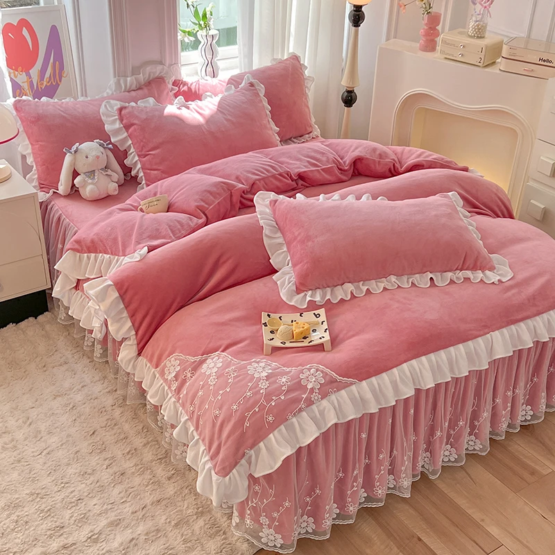 韩版高档加厚牛奶绒蕾丝花边床裙四件套冬季加绒床单床罩花边被套
