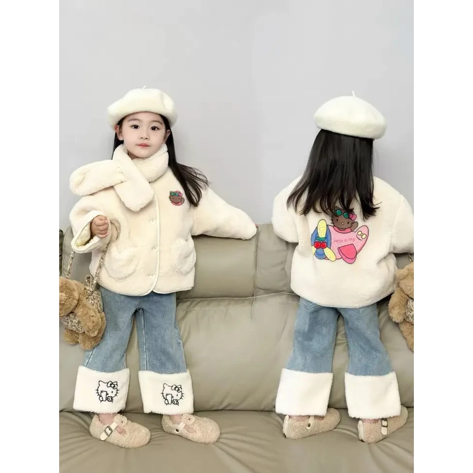 2023女宝宝冬季加绒加厚卡通毛毛外套女童冬季时髦洋气拼接牛仔裤
