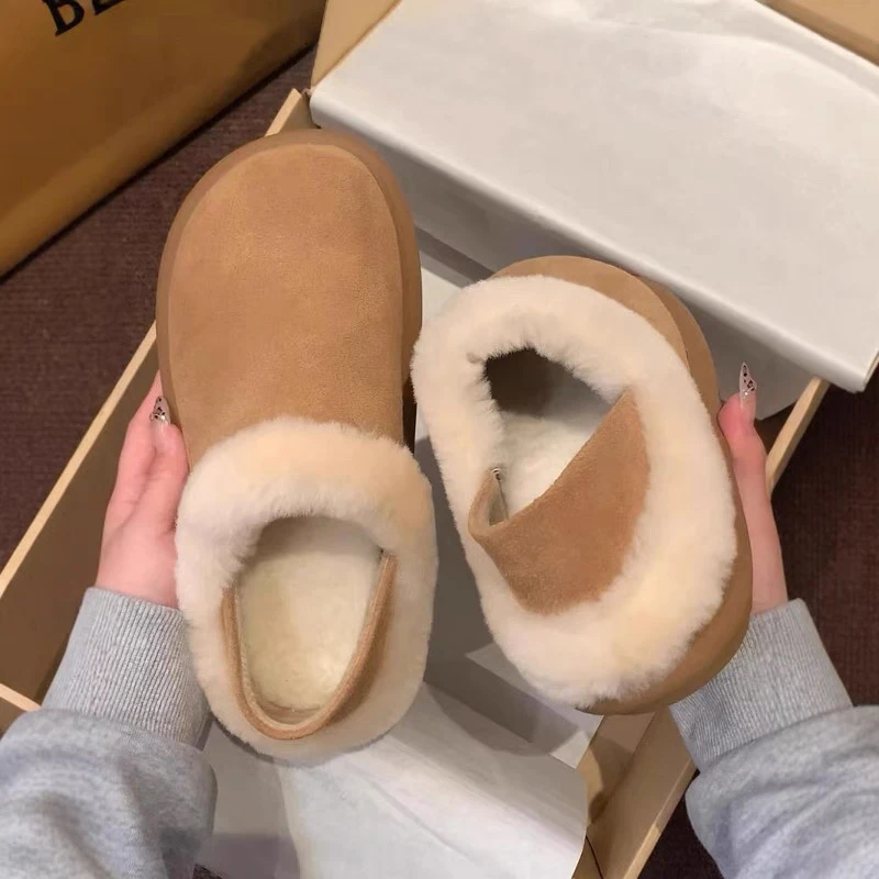 欧洲站2024冬季新款一脚蹬羊毛口两穿勃肯鞋女士棉鞋休闲雪地靴女