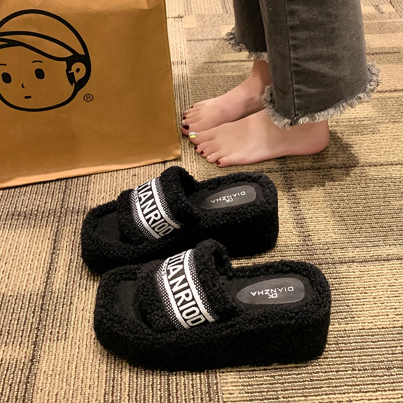 小香毛毛拖鞋女外穿家居厚底增高毛毛鞋高级感小香风时尚黑色毛绒