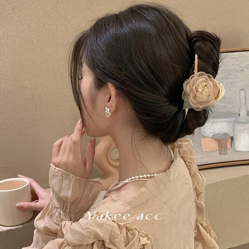 法式气质金属网纱花朵抓夹女高级感优雅后脑勺发夹发饰ins发卡
