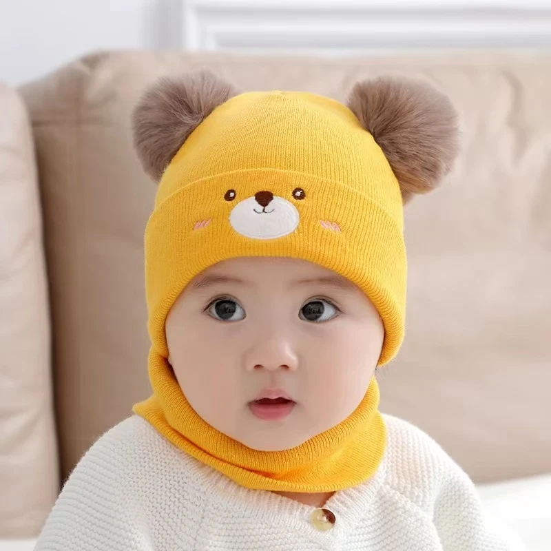 婴儿帽子0-3-6-12个月男女宝宝毛线帽加厚保暖围脖新生儿秋冬帽子