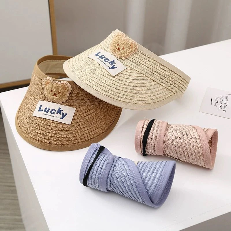 宝宝遮阳帽婴儿防晒帽儿童草帽可爱小熊男童女童夏季空顶太阳帽子