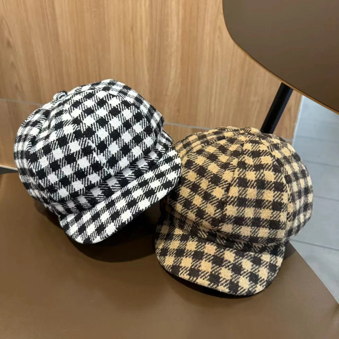 格子小香风贝雷帽男女宝宝秋冬新款报童帽显脸小八角帽画家帽子冬