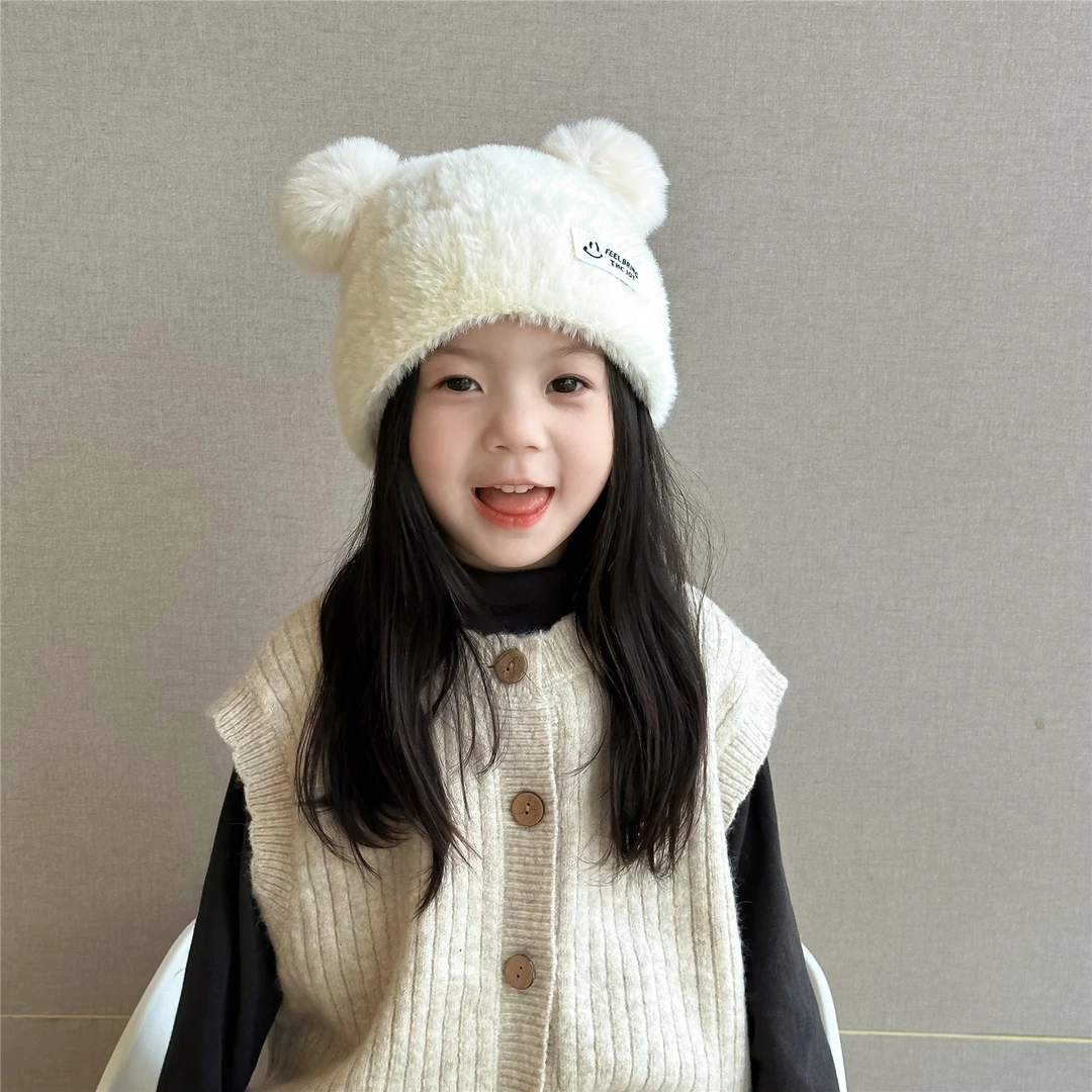儿童冬季帽子男孩毛绒时尚保暖护耳帽女孩套头帽小孩双球防风帽子
