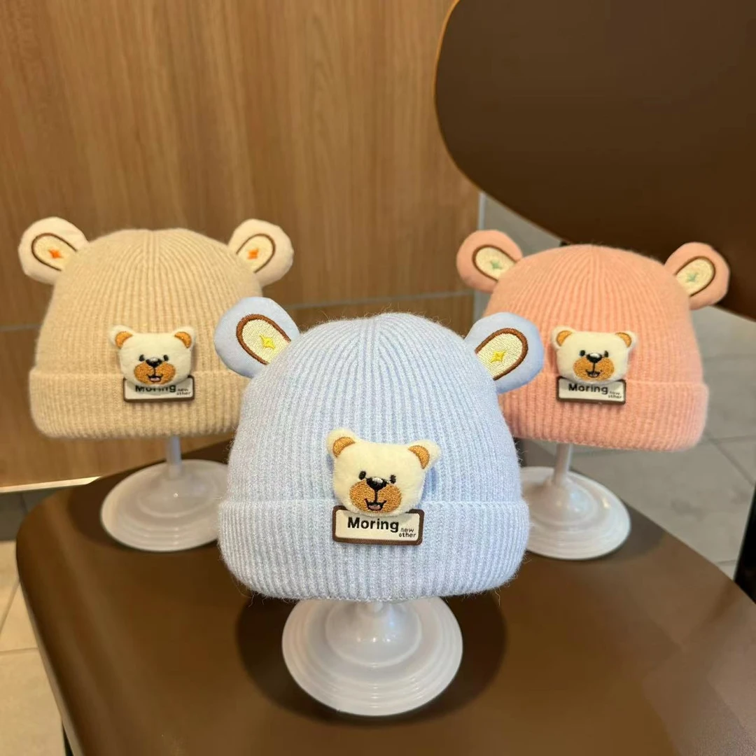 婴幼儿冬天保暖加厚针织帽子可爱小熊宝宝套头帽秋冬季宝宝护耳帽