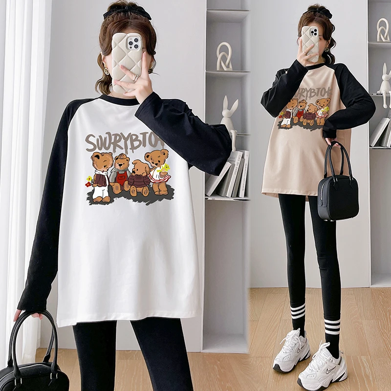 孕妇秋装时尚春秋新款早秋孕妇装宽松大码拼接中长款打底长袖上衣