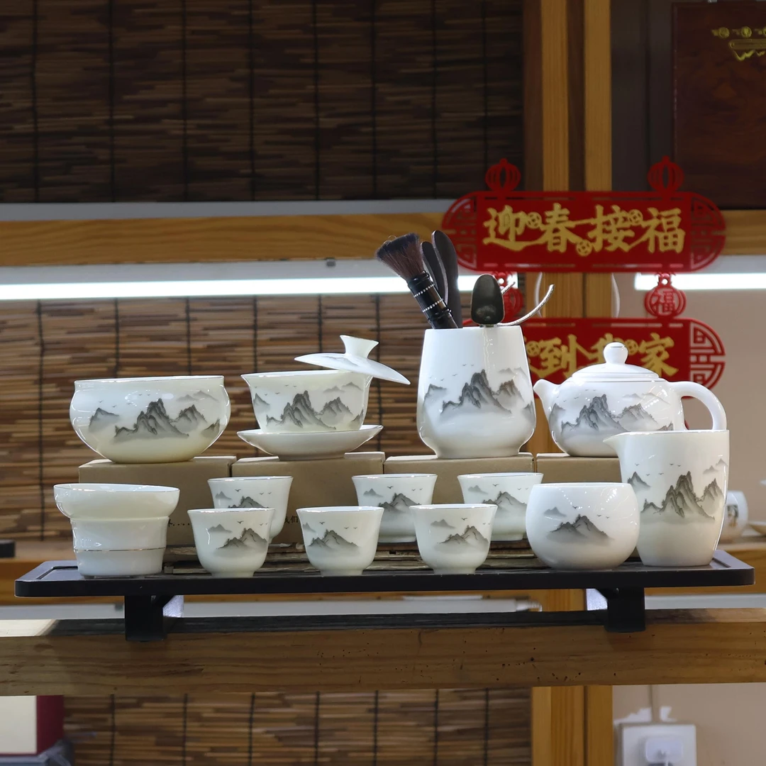 【有一窑】羊脂玉瓷水墨千里江山茶具套装