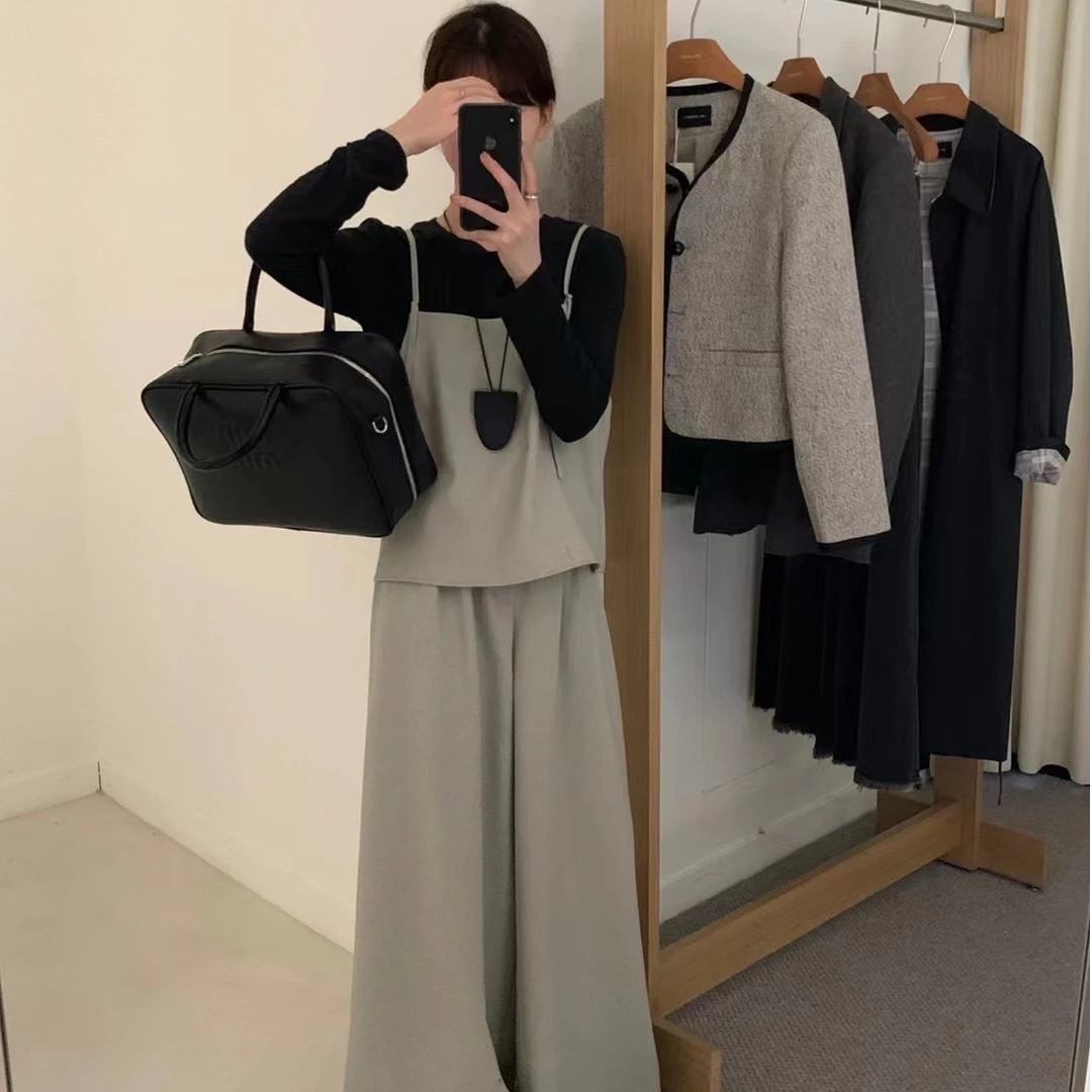 （egg）东大韩系简约高级显瘦吊带打底衫高腰直筒阔腿西裤三件套