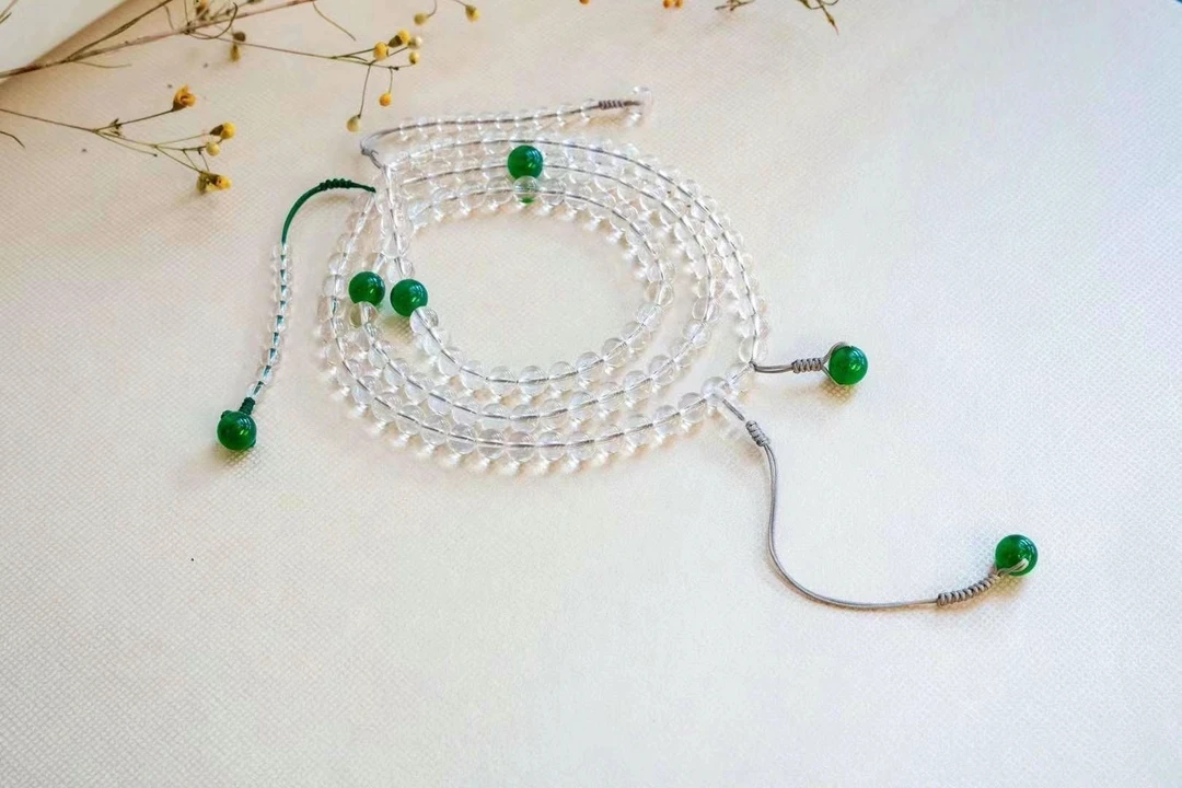 天然白水晶108颗佛珠手持搭配绿玛瑙配珠