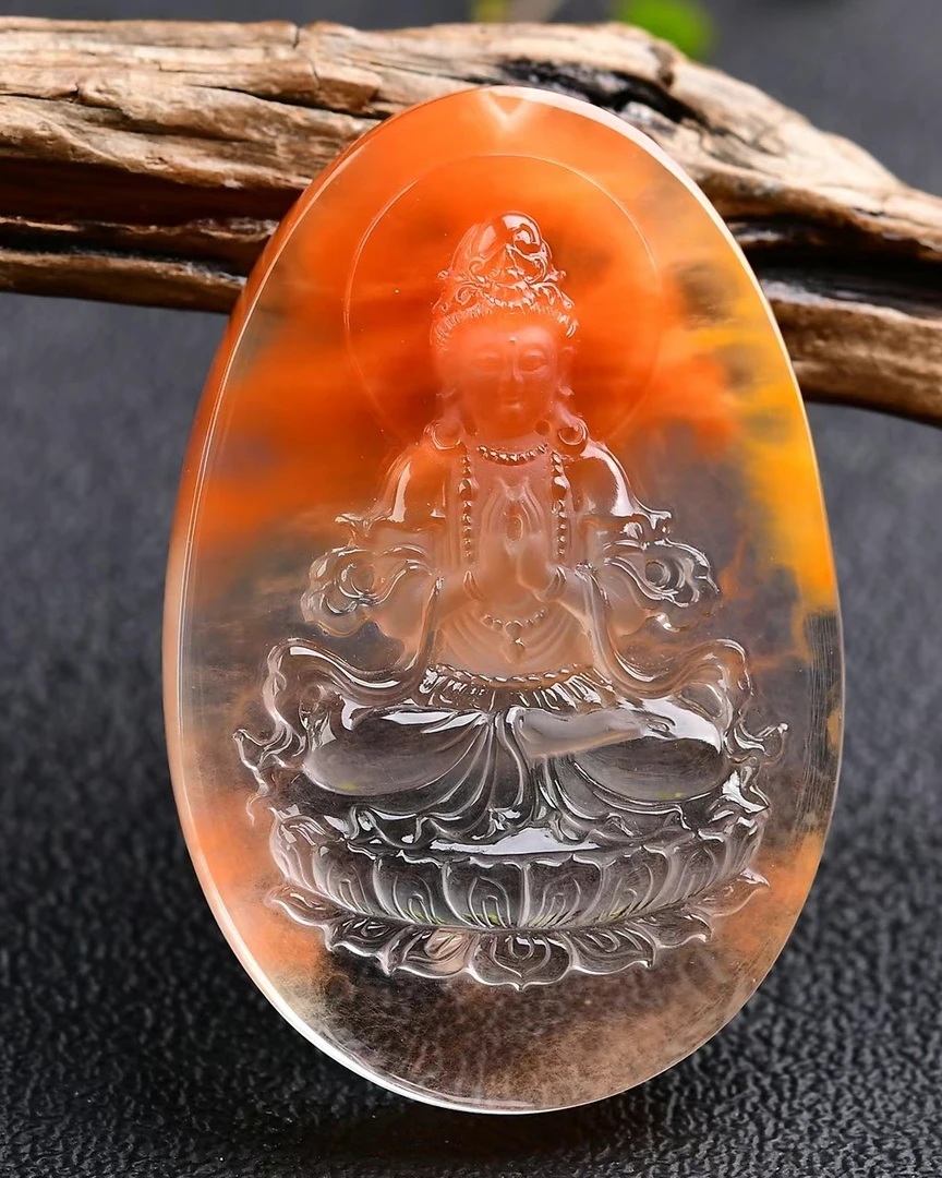 天然红兔毛观音吊坠鸿运当头精雕俏色巧雕挂坠