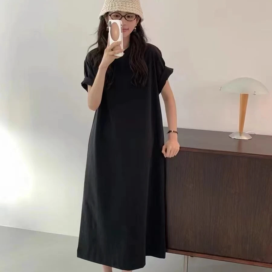 no退no换【鸡蛋】夏季女士纯色净版圆领短袖长裙休闲裙G397-612462