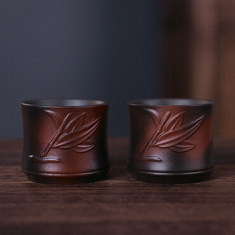 紫陶茶杯个人主人杯功夫泡茶盏杯品茗杯竹叶客杯2个装E43