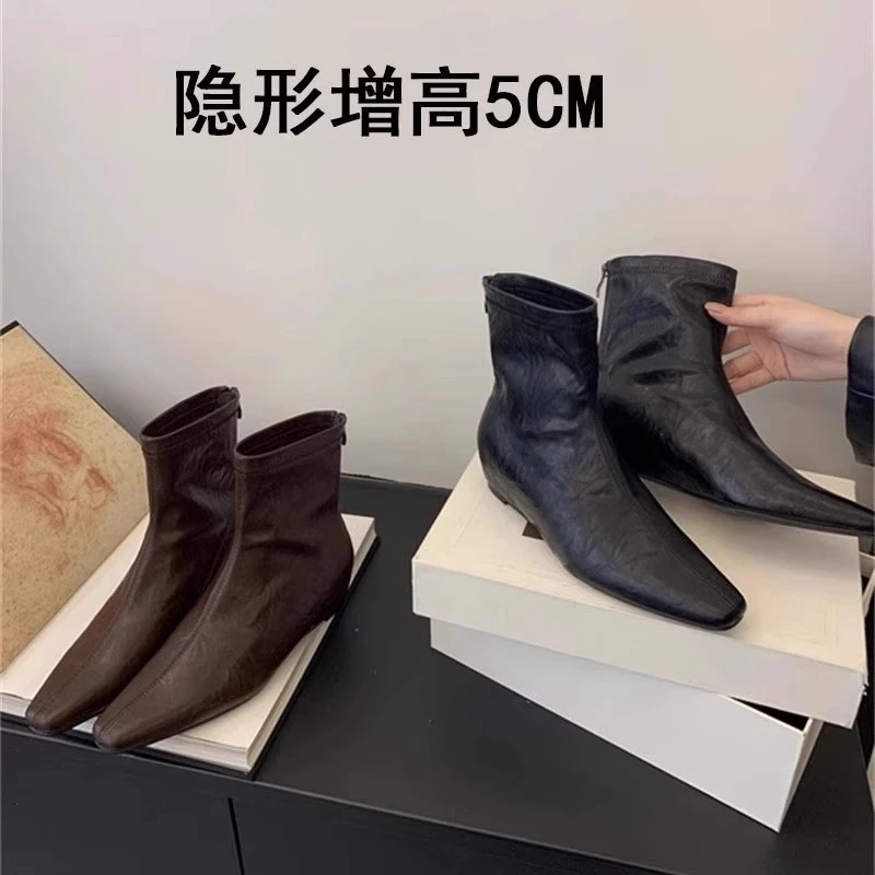 法式气质小方头内增高瘦瘦靴女2024秋冬新款后拉链百搭短靴西部靴