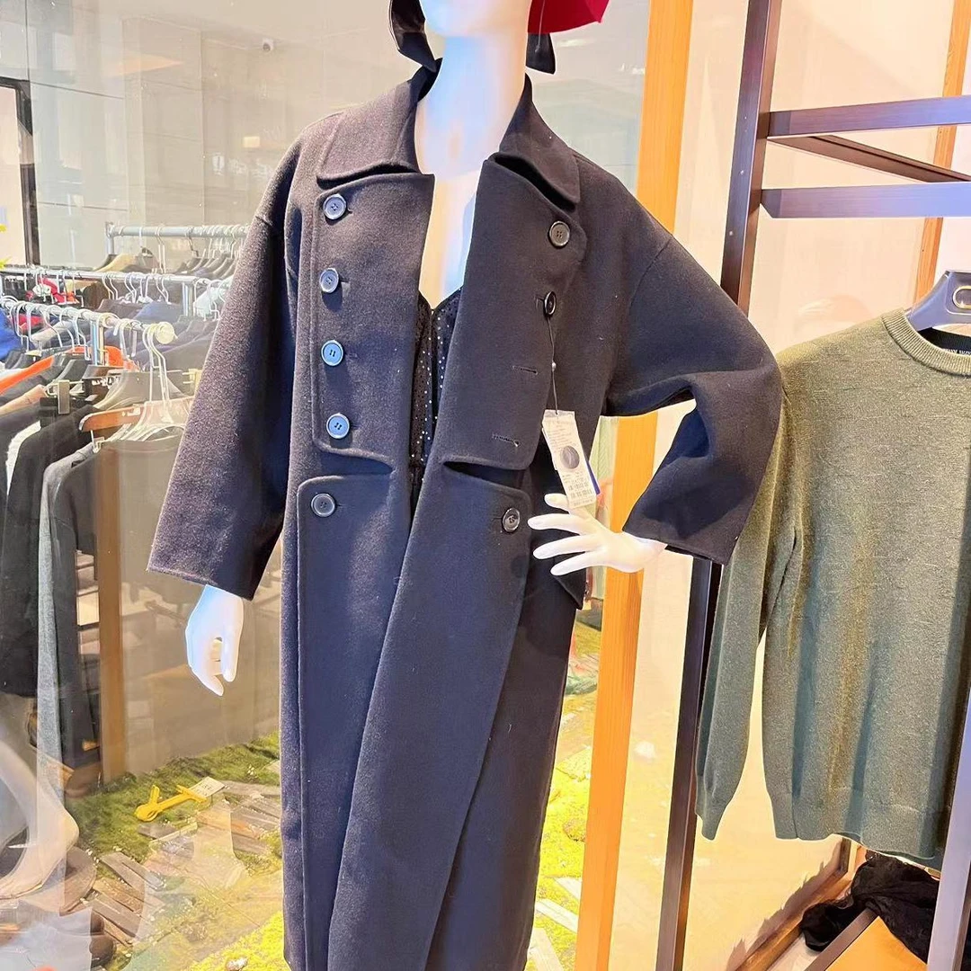 2024女士长款大翻时尚气质中长款外黑冬季设计师色厚大衣双面