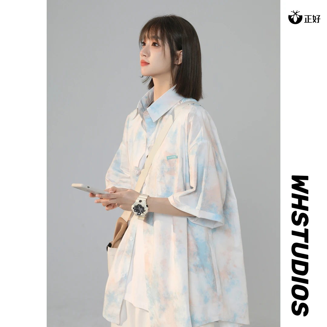 扎染短袖衬衫夏季设计感oversize慵懒风显瘦大码夏季衬衫衬衣外套