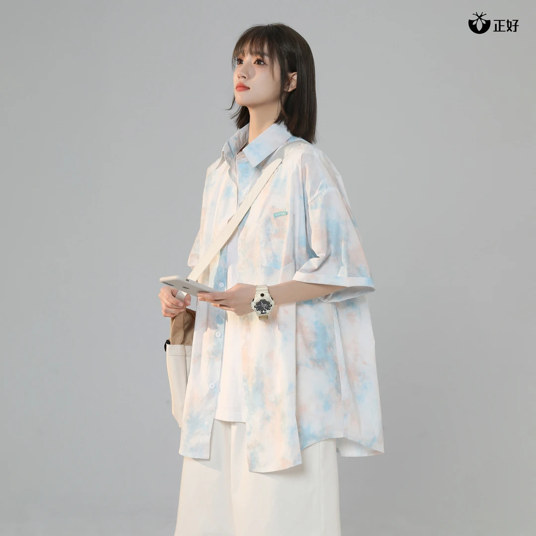 冰丝正肩短袖衬衫男设计感小众夏季薄款外套渐变色大码防晒衬衣潮