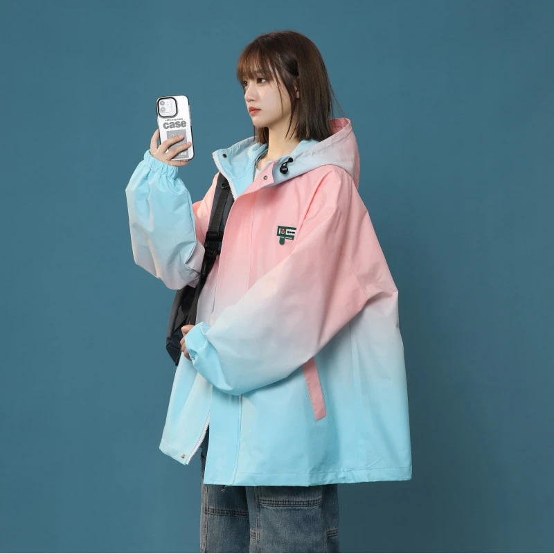 渐变色户外冲锋衣男女同款秋季oversize连帽外套宽松防水美式夹克