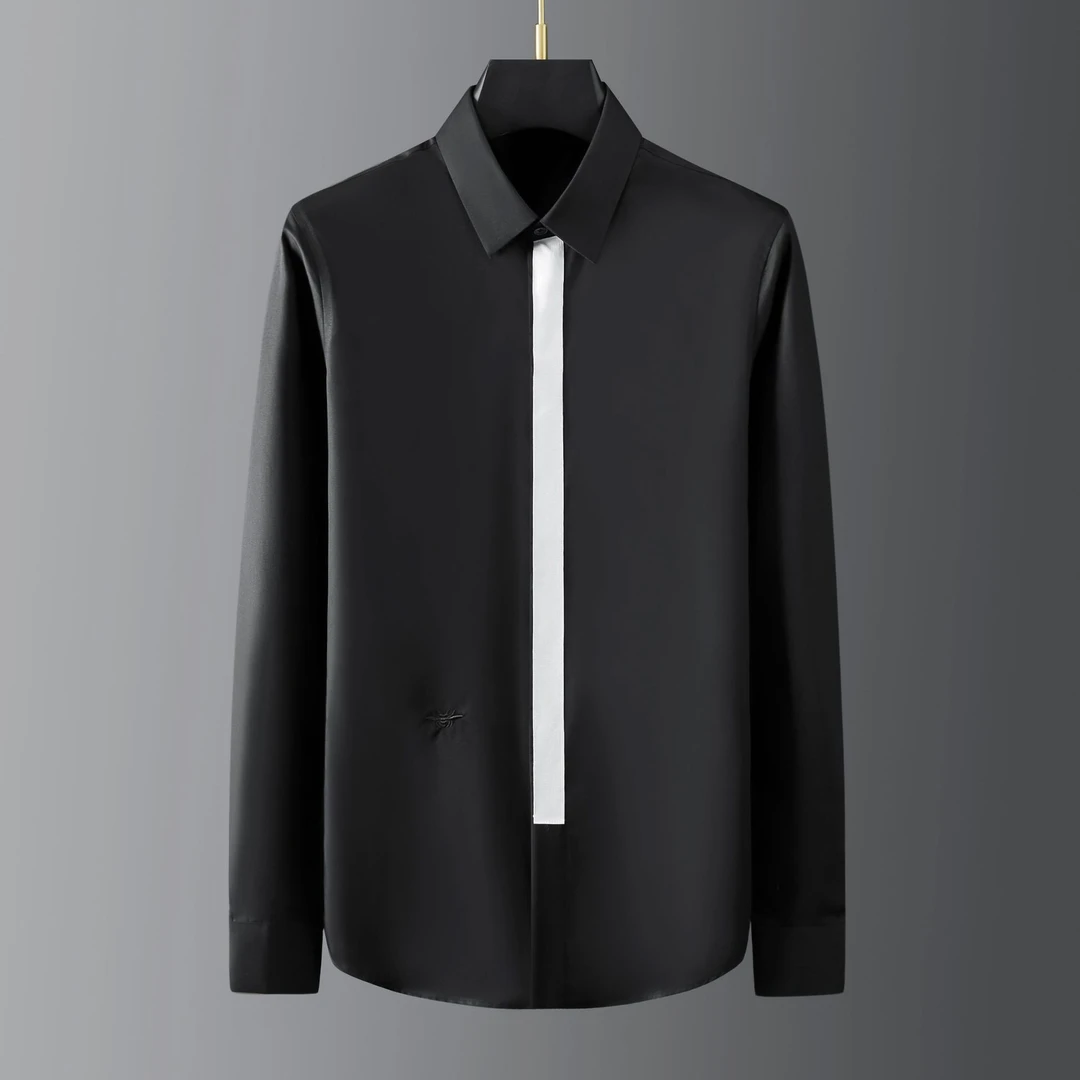 新款欧美潮牌织带百搭纯棉免烫长袖修身休闲男士打底衬衫男上衣