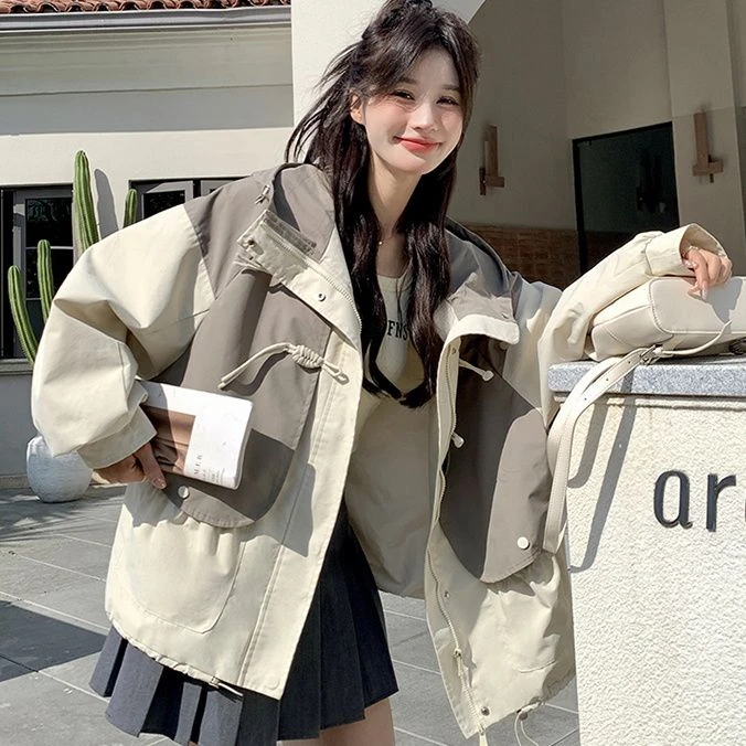 盐系工装拼接外套女春秋款2025新款港味chic百搭慵懒风BF冲锋衣女