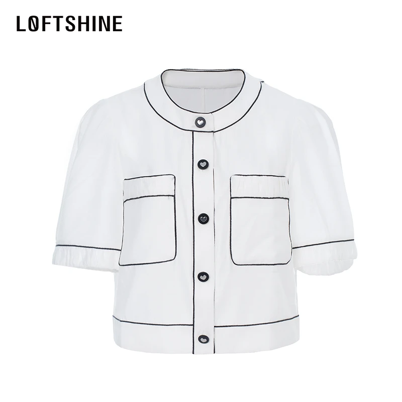 LOFTSHINE珞炫2024年气质白色时尚轻奢设计感短款女士衬衫