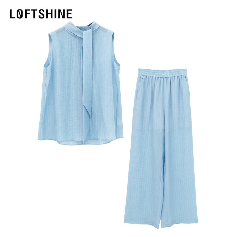 LOFTSHINE珞炫夏装减龄时尚干练气质女装蓝色无袖马甲阔腿裤套装