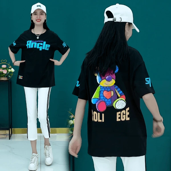 圆领百搭纯棉时尚半袖中长款T恤夏宽松大码洋气减龄显瘦上衣小众