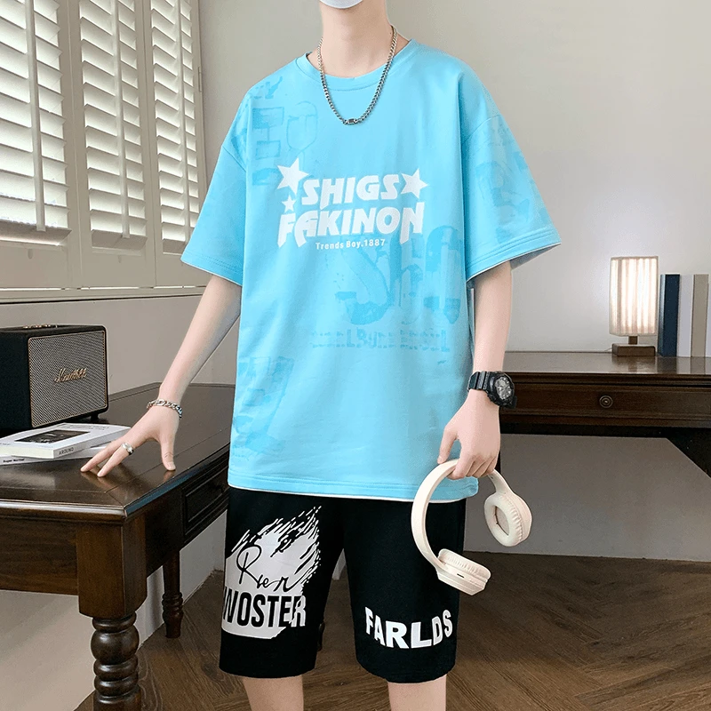 2024夏季男士青少年运动休闲百搭潮流宽松印花韩版ins港风T恤套装