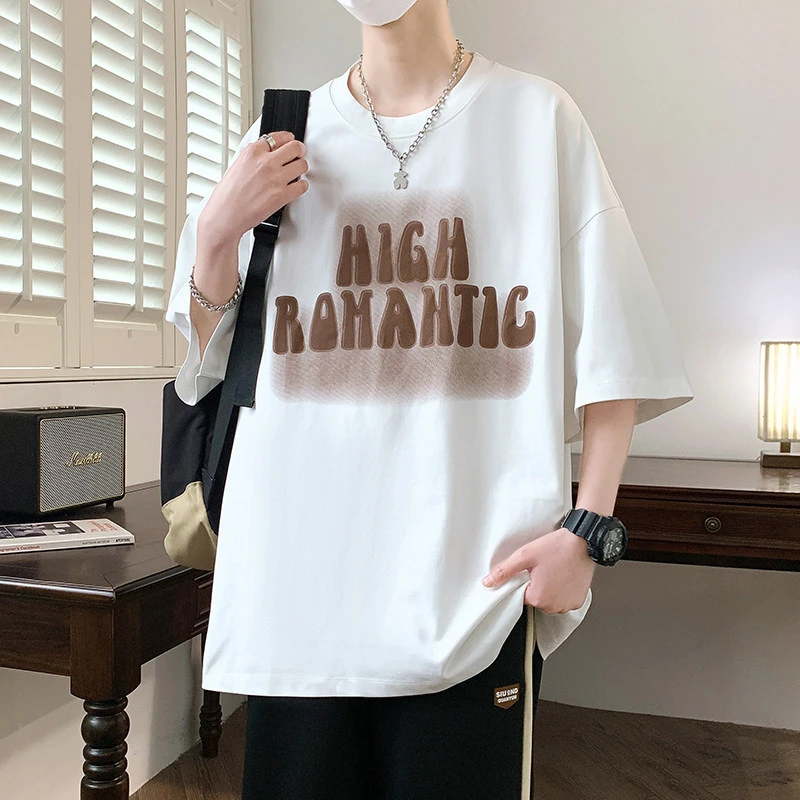 夏季新款圆领T恤男休闲打底衫字母发泡图案青年学生短袖半袖百搭