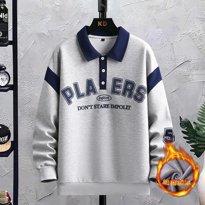 冬新款加绒加厚青少年翻领polo衫卫衣男潮流帅气中学生套头打底衫