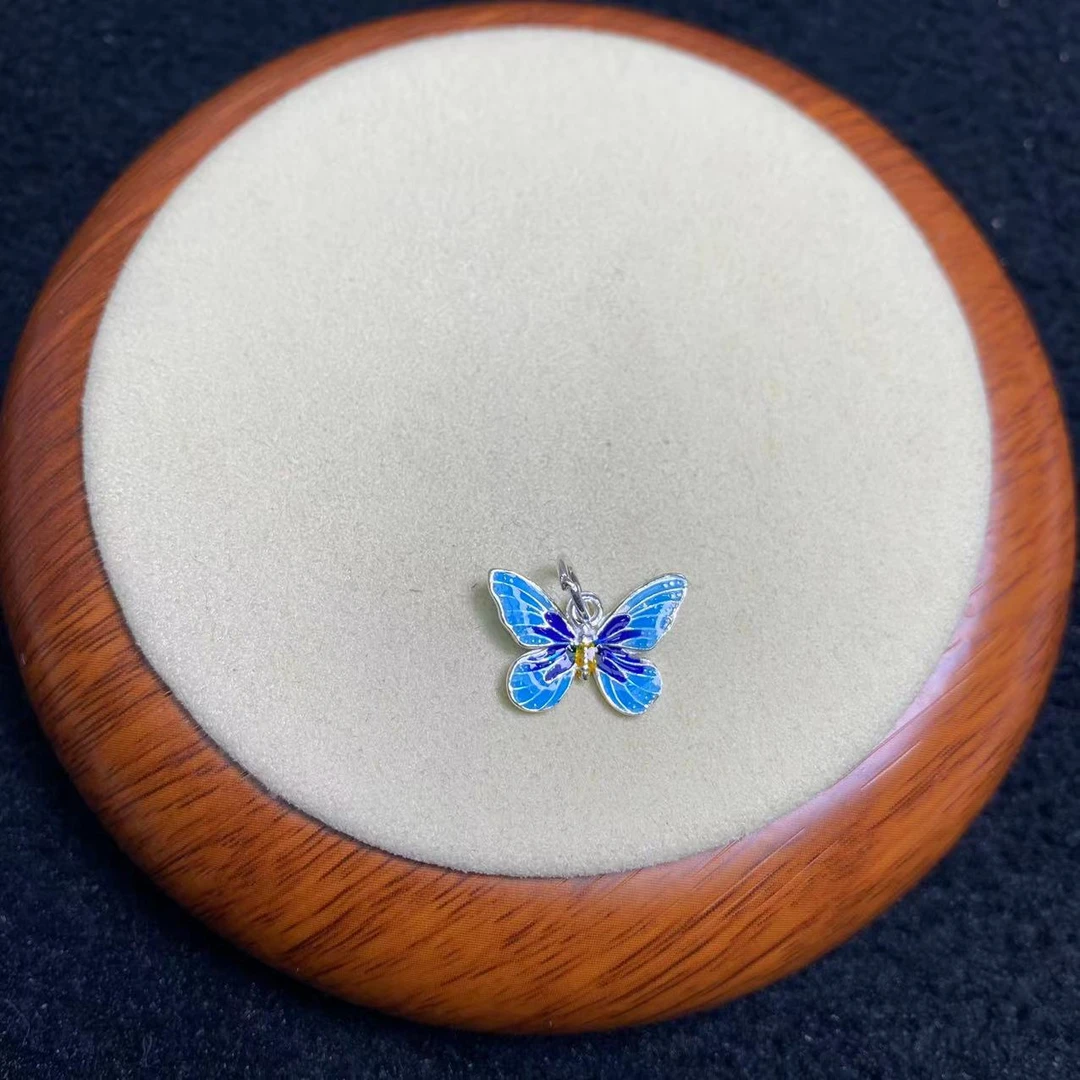 925银银制品 「戴琴珠宝」FR3766-2个蓝色滴胶蝴蝶吊坠-HJHA