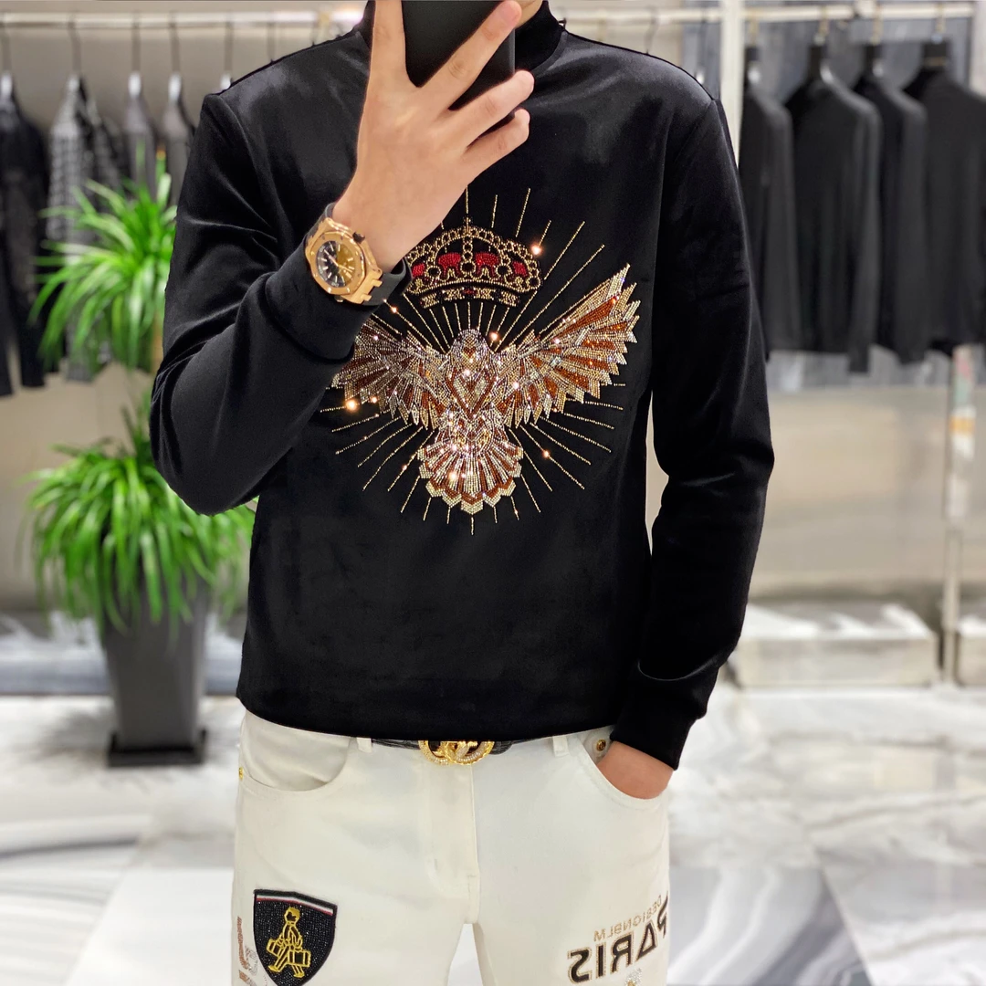 2024冬季新款男士重工烫钻金丝绒加厚保暖修身百搭时尚欧货打底衫