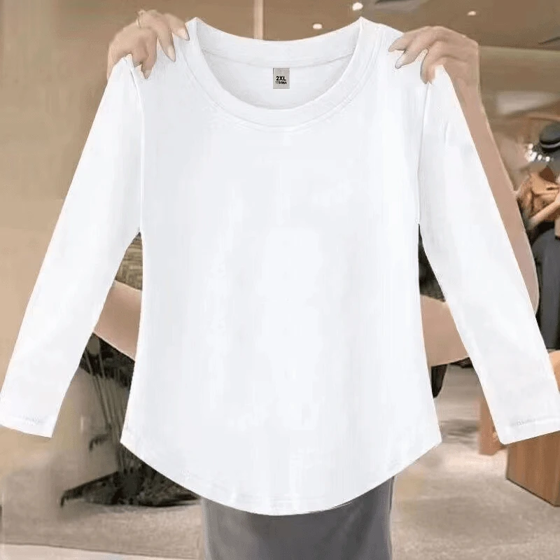 宽松圆领春秋季弧形下摆长袖T恤女正肩显瘦女装百搭休闲