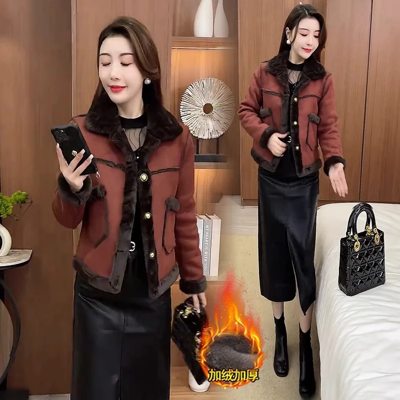 时尚洋气加绒加厚短外套女2024冬季新款小个子绒皮毛一体上衣外套