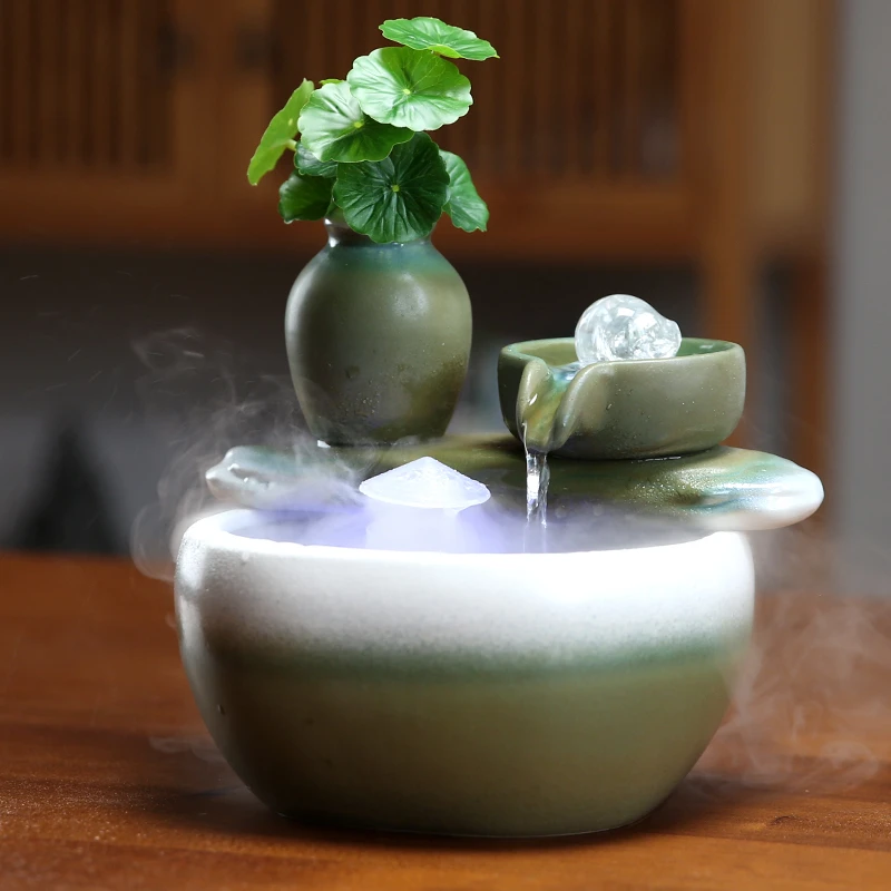 朴记小型流水摆件循环水喷泉加湿器陶瓷中式客厅桌面招财鱼缸装饰