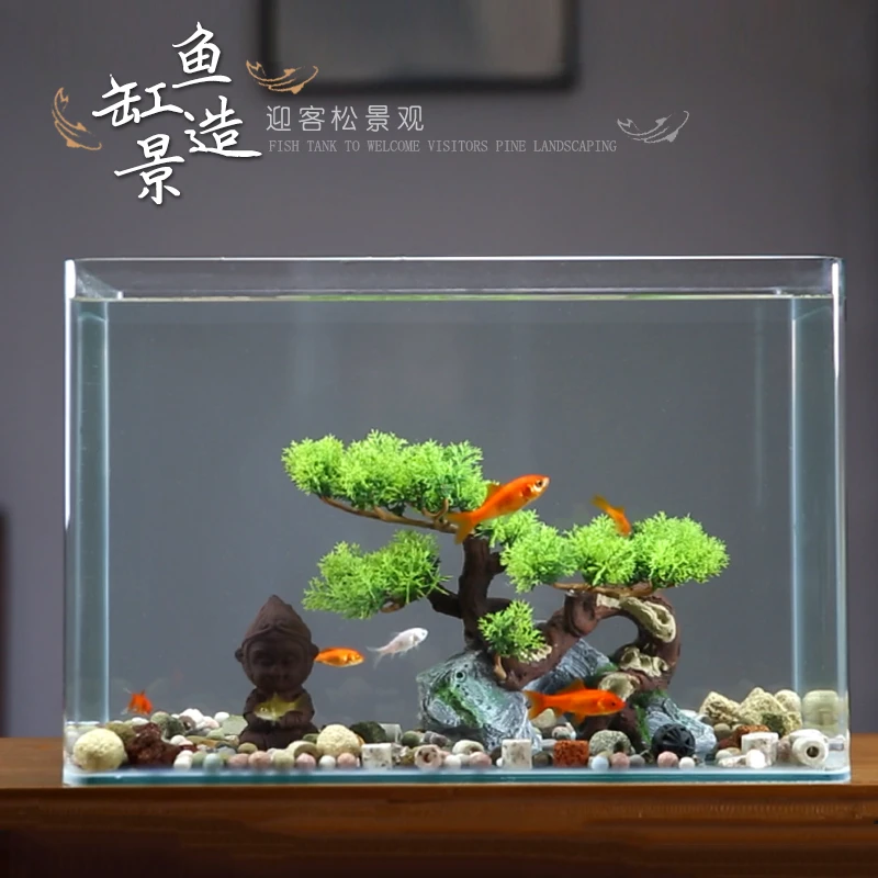 朴记鱼缸装饰造景摆件迎客松假山玄关柜仿真罗汉松树酒店生态景观