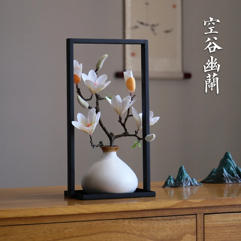 入户玄关花瓶摆件客厅插花侘寂风餐桌创意加仿真花假白色铁艺简约