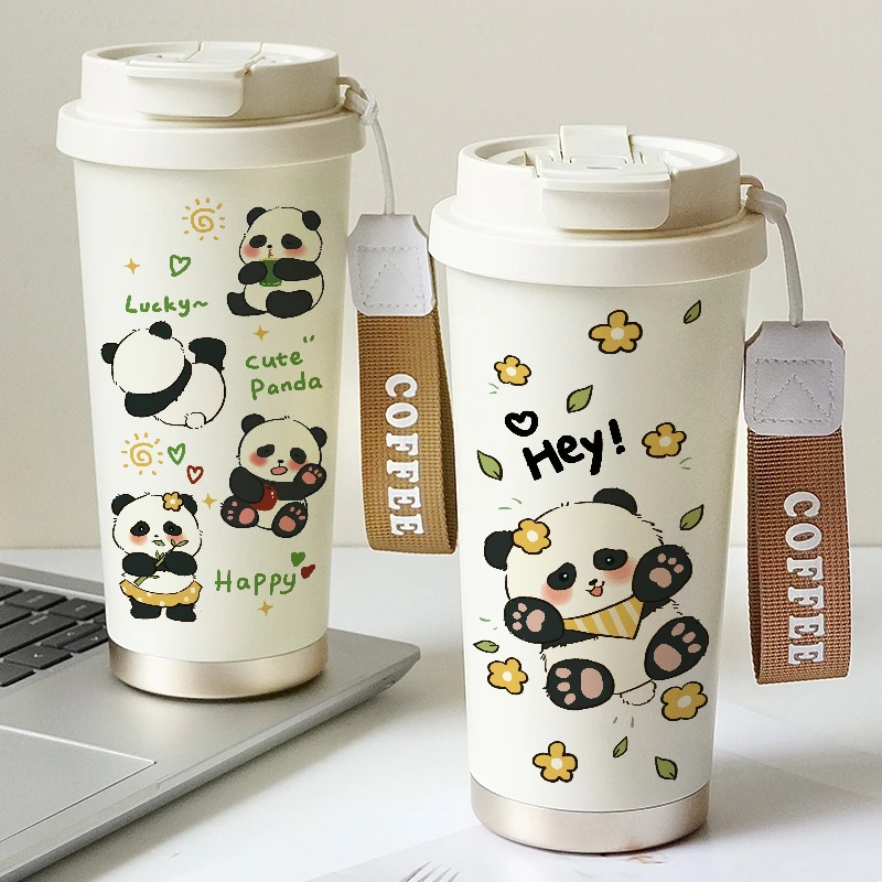 陶瓷内胆咖啡杯可爱熊猫女生网红便携双饮保冷杯大容量保温杯吸管