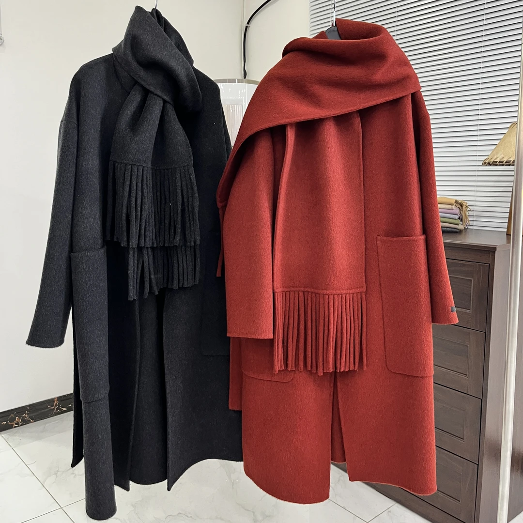 MAX 24年秋冬新款韩系宽松慵懒大兜围巾双面100羊毛长款大衣女
