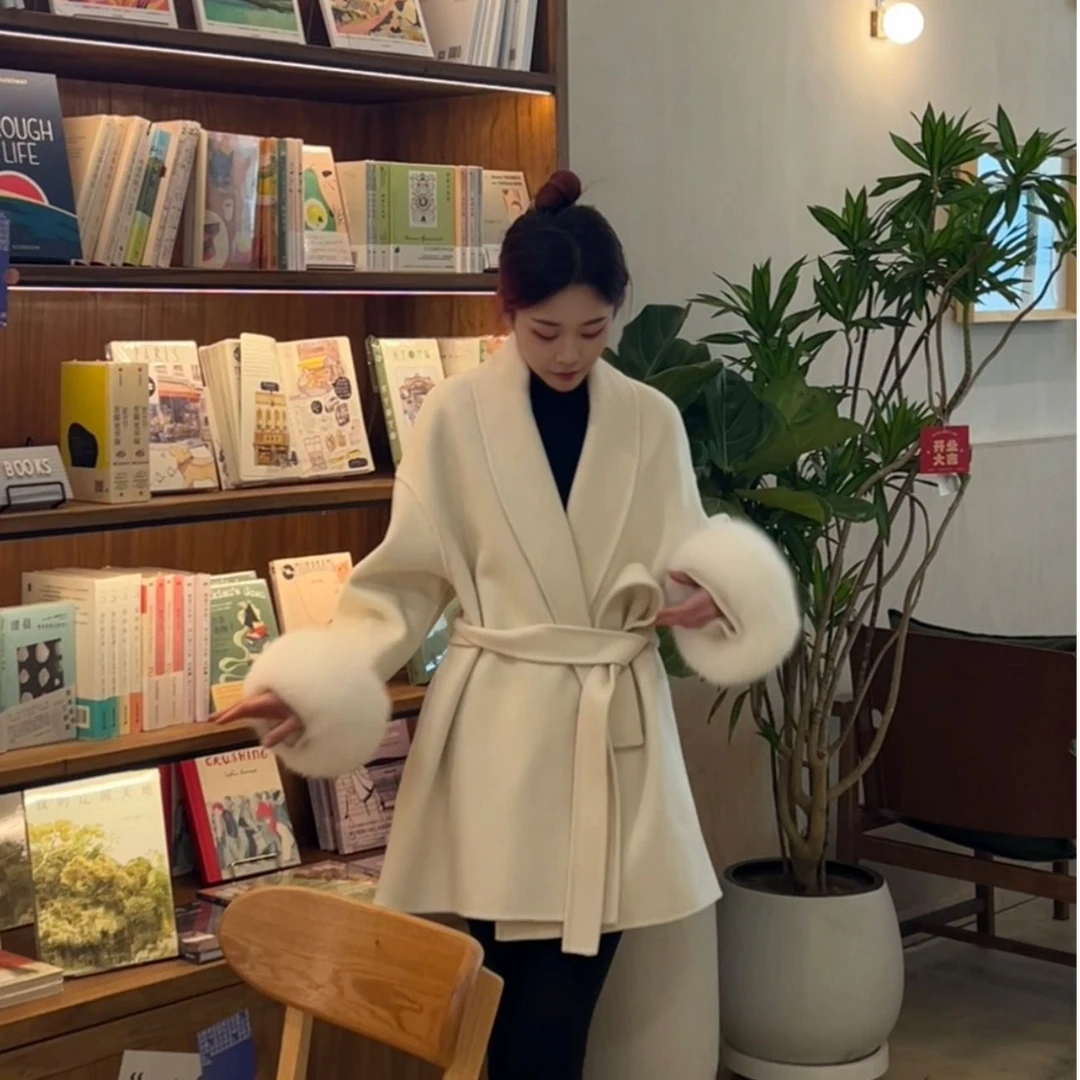 短款狐狸毛毛袖大衣纯羊毛双面